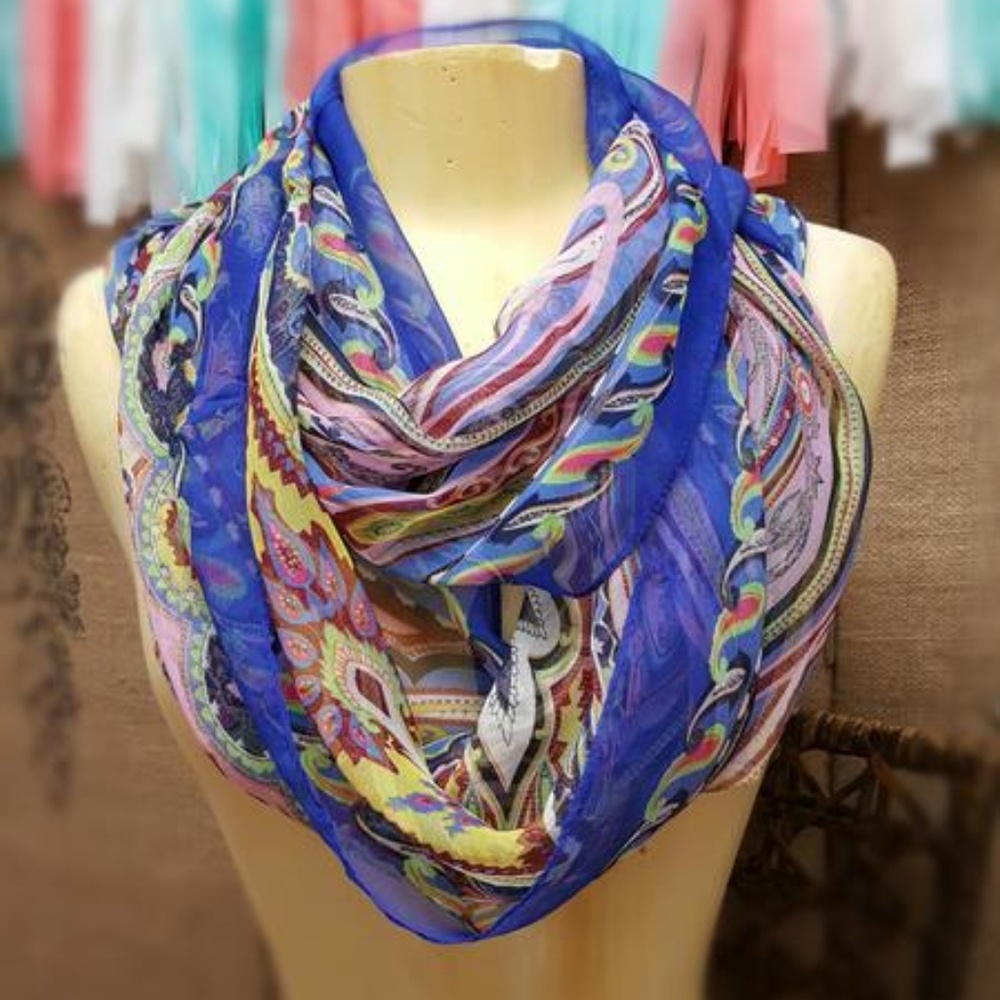 Silk Feel Paisley Infinity Scarf in Cobalt Blue